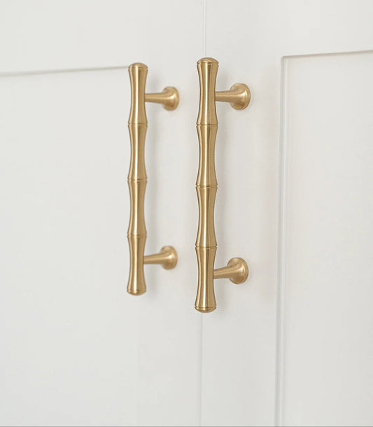 Solid Brushed Brass Handle Bamboo Kitchen Cabinet Pull Wardrobe Drawer Knob