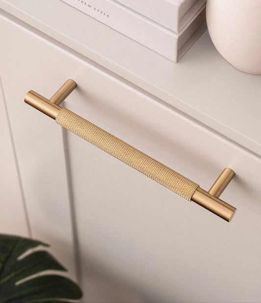 Solid Brushed Brass Handle Cross Knurled Kitchen Cabinet Pulls Wardrobe Drawer Knob