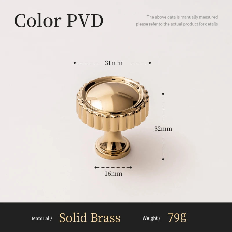 Solid Brass Kitchen Cabinet Handle Bright PVD Gold Luxury Furniture Pull Wardrobe Dresser Drawer Knob