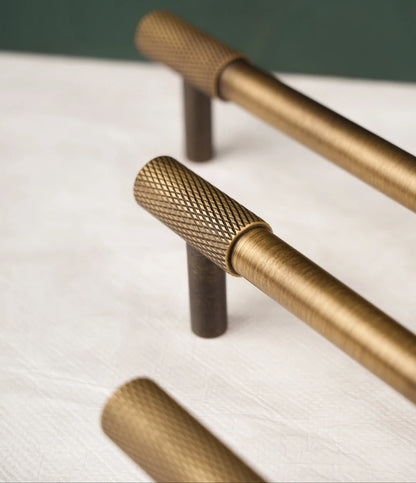 Solid Brass Furniture Handles Cross Knurled Single Hole Drawer Knobs T Bar Bronze Wardrobe Kitchen Cabinet Long Pulls
