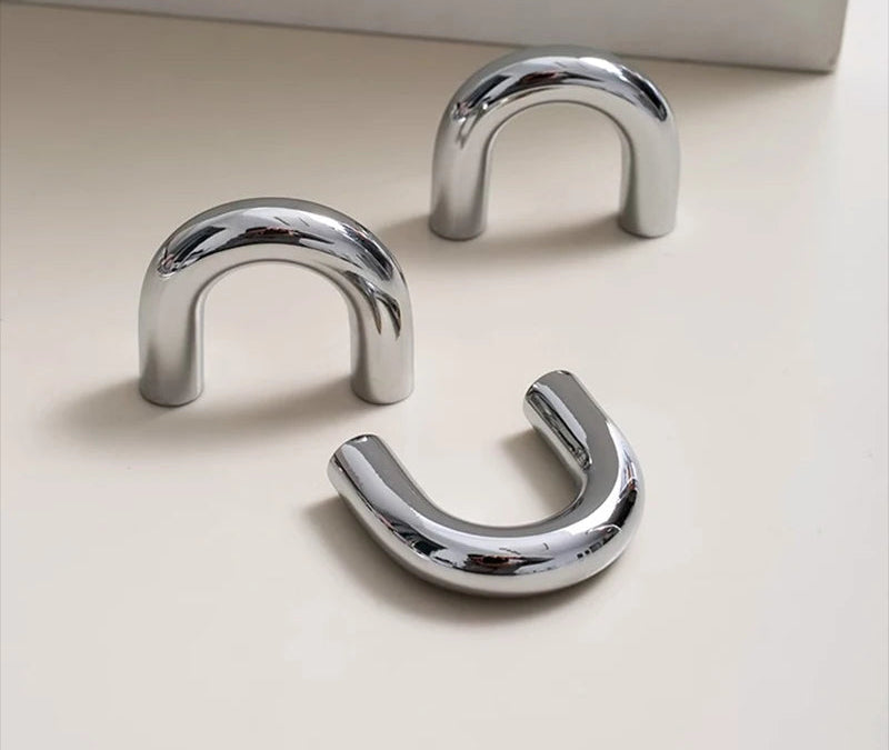 U-Shaped Chrome Furniture Handle Solid Brass Bright Silver Shell Drawer Knob Modern Simple T-Bar Cabinet Long Pull