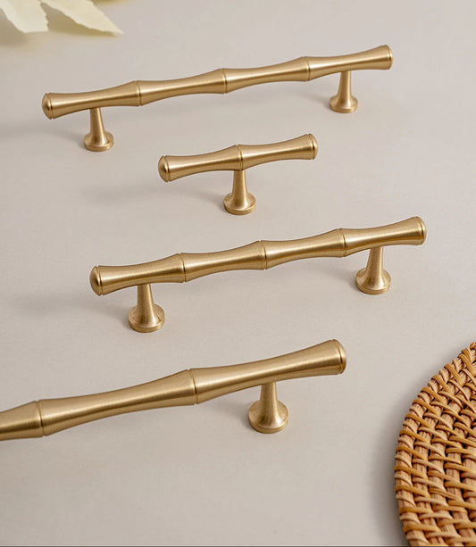Solid Brushed Brass Handle Bamboo Kitchen Cabinet Pull Wardrobe Drawer Knob