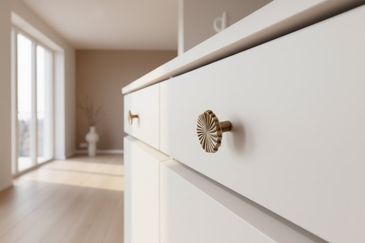 Messing kastknoppen met luxe design op lichte lade, Aurel hardware interieuraccessoire