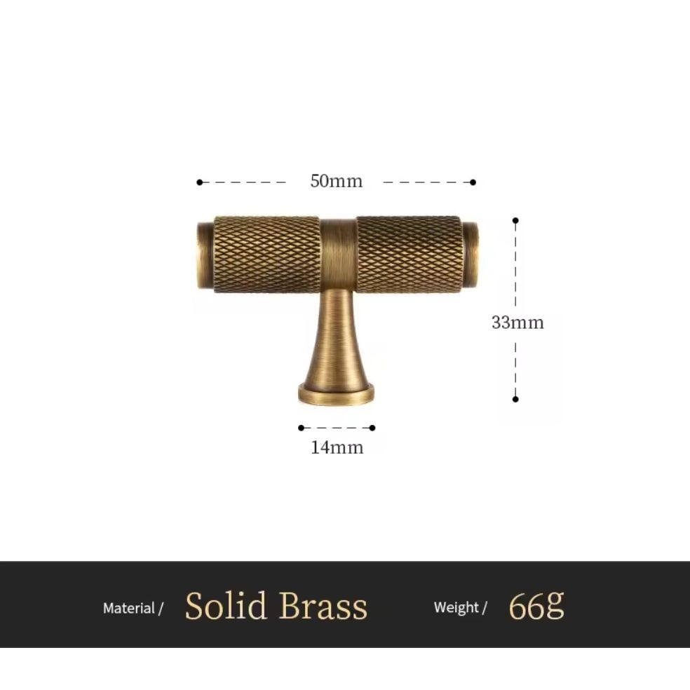 Massief messing T-vormige kastknop met diamantpatroon, afmetingen 50x33x14mm, luxueuze afwerking