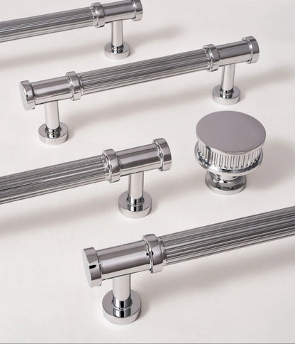Solid Brass Luxury Furniture Handle Ribbed Romance Style Chrome Silver T-Bar Kitchen Cabinet Pull Wardrobe Door Copper Knob