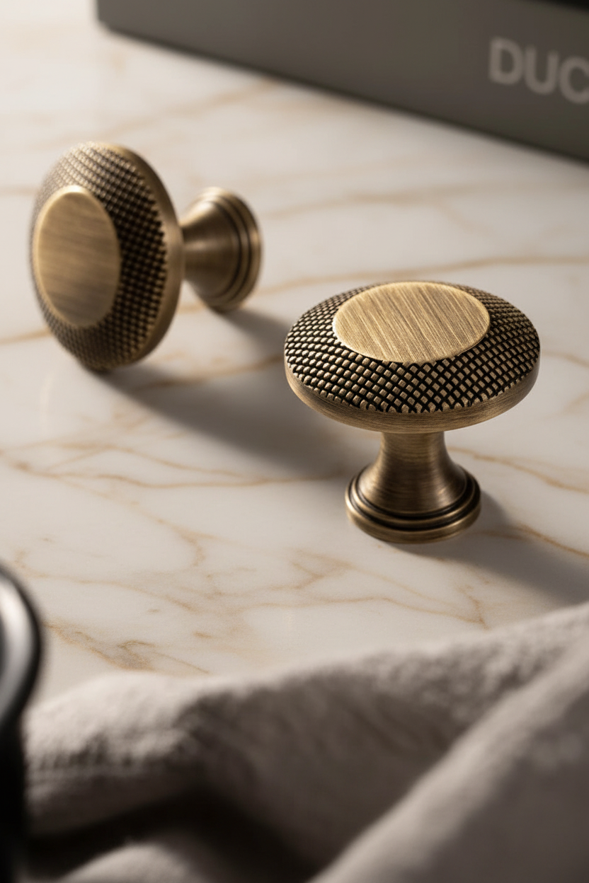 Antieke Messing T-Bar Kastgrepen met Brons motief – Vintage Bronzen Kastknoppen