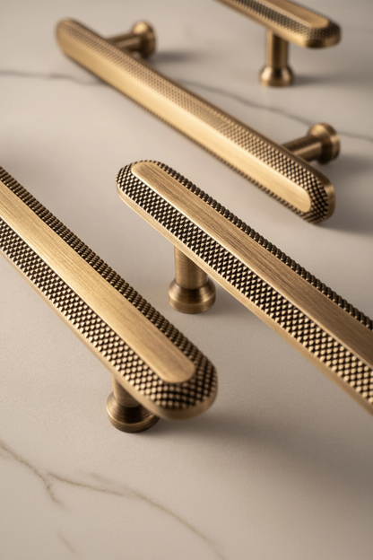 Antieke Messing T-Bar Kastgrepen met Brons motief – Vintage Bronzen Kastknoppen