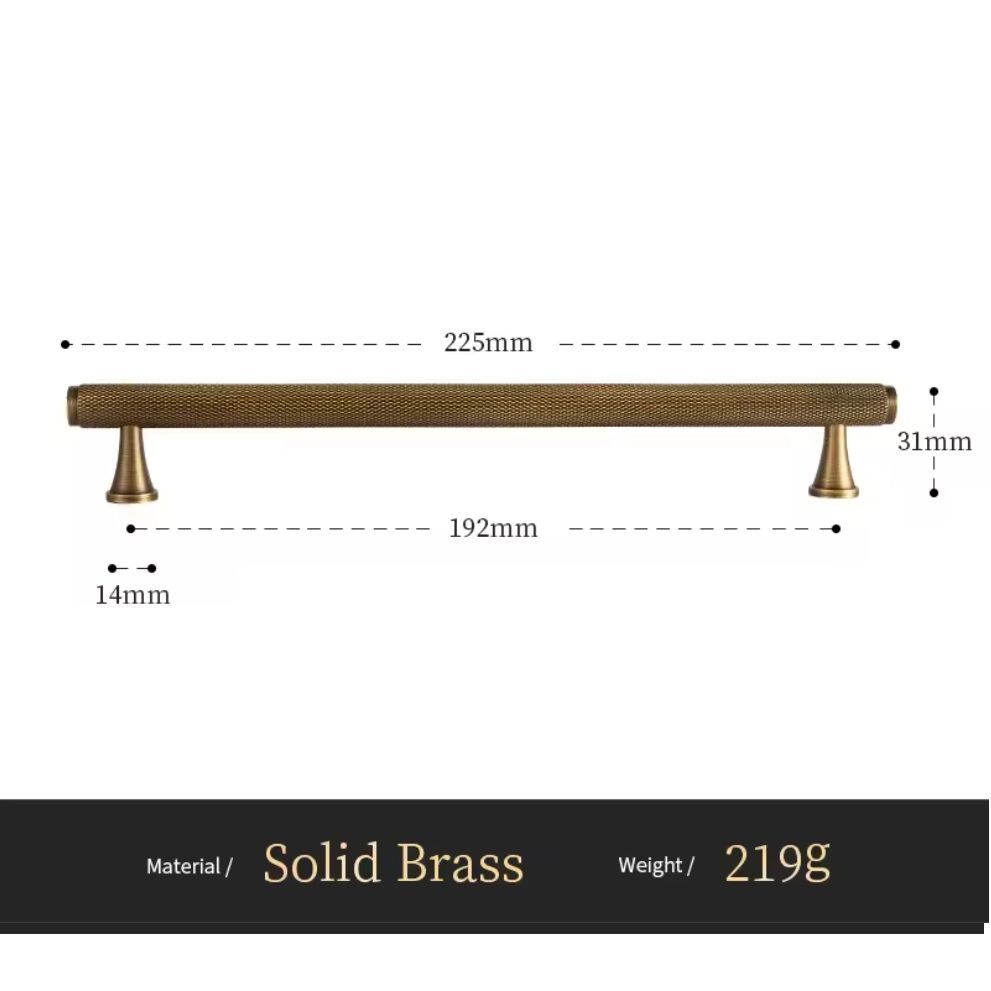 Massief messing meubelgreep 225mm, klassiek design, Aurel luxury hardware, afmetingen en gewicht