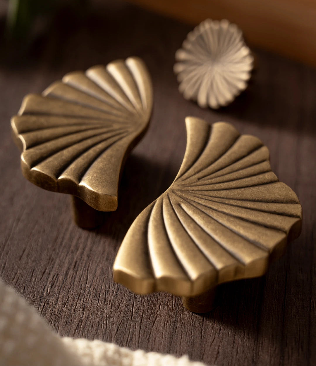 Gouden luxe kastgrepen in waaierdesign op houten oppervlak voor modern en klassiek interieur.